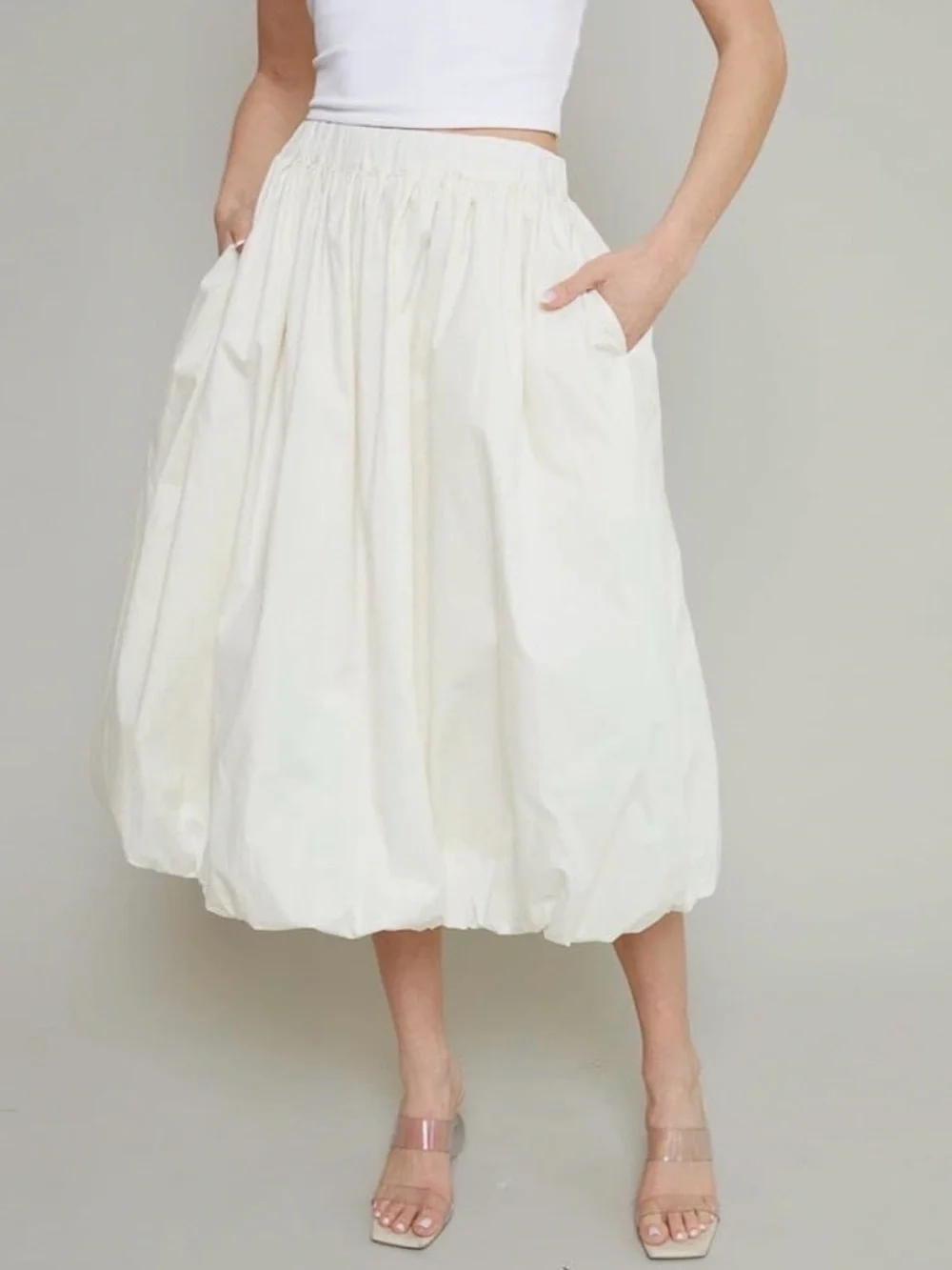 Women's Cream Bubble Midi Skirt with Elastic Waist